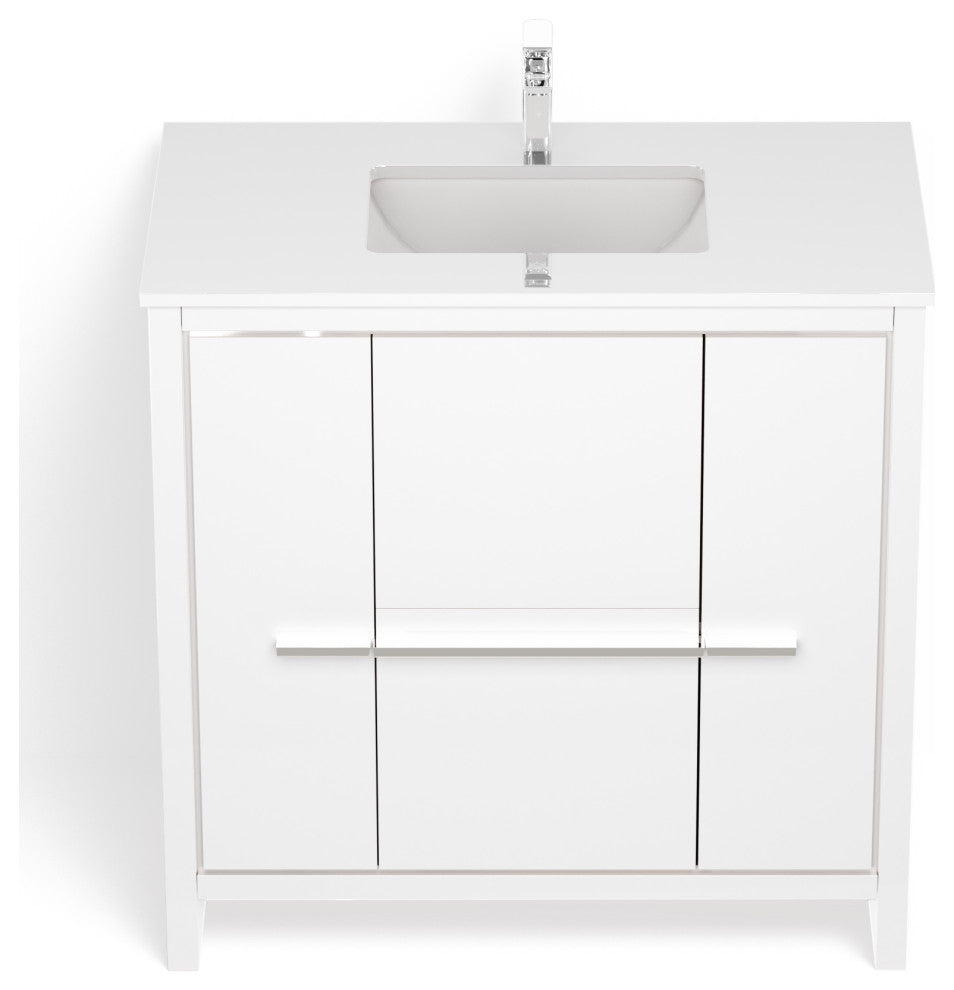 Esconde Bath Vanity, High Gloss White, 36", Single Sink, Freestanding