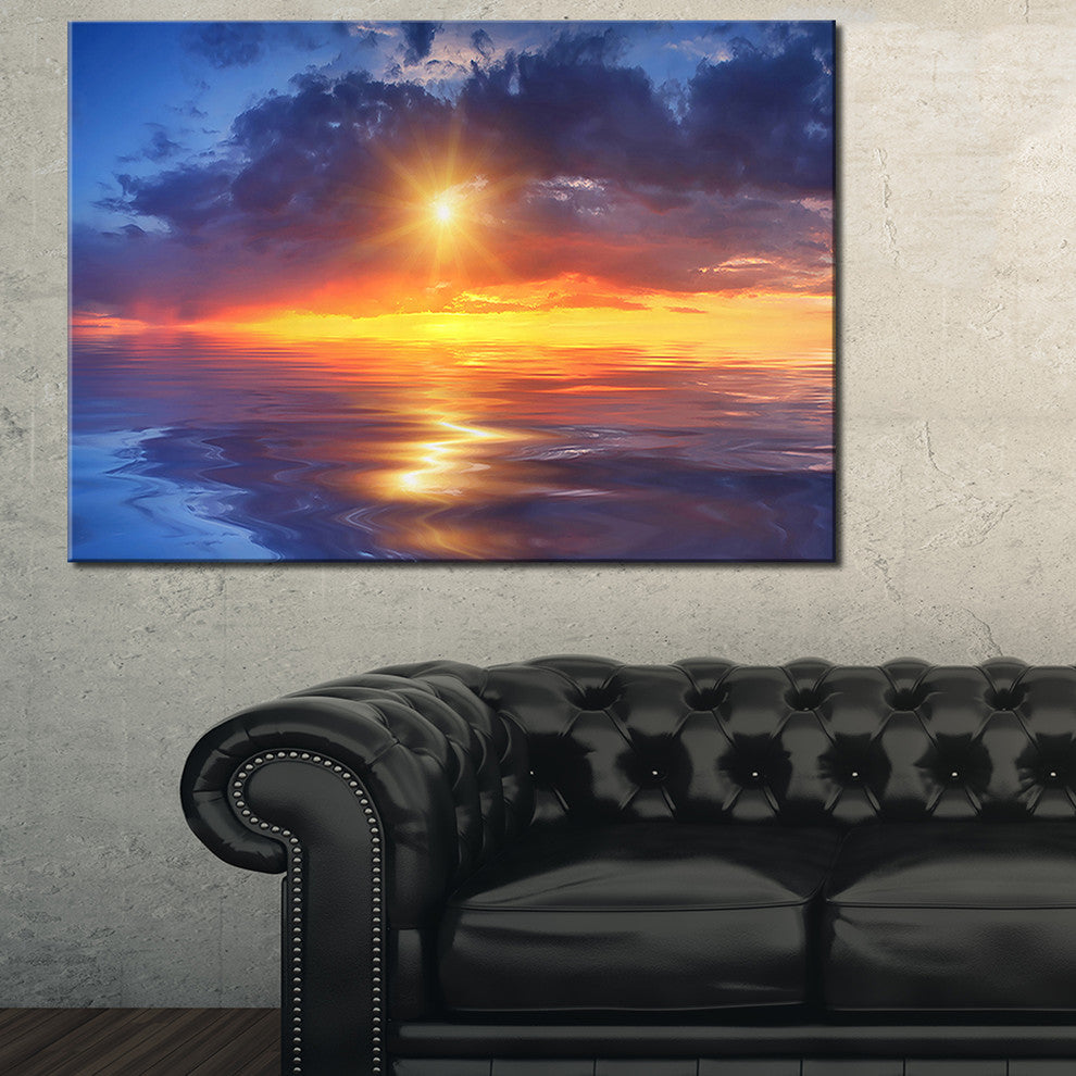 "Cloudy Sunset Reflection in Lake" Skyscape Painting Canvas Print, 32"x16"