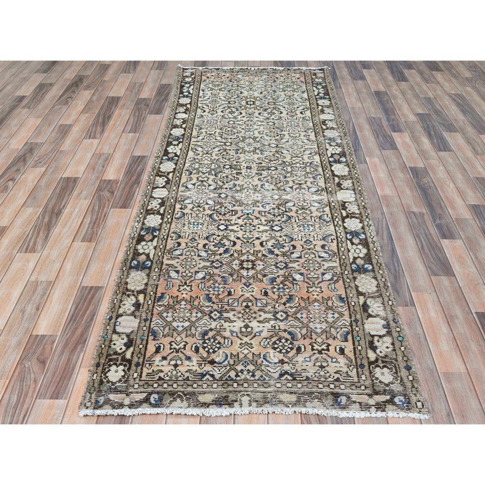 Beige Hand Knotted Vintage Persian Hamadan Pure Wool Clean Runner Rug, 3'5"x9'2"