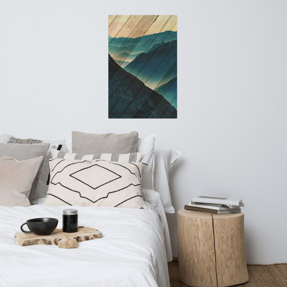 Faux Wood Misty Blue Silhouette Mountain Range Landscape Wall Art, 24" X 36"