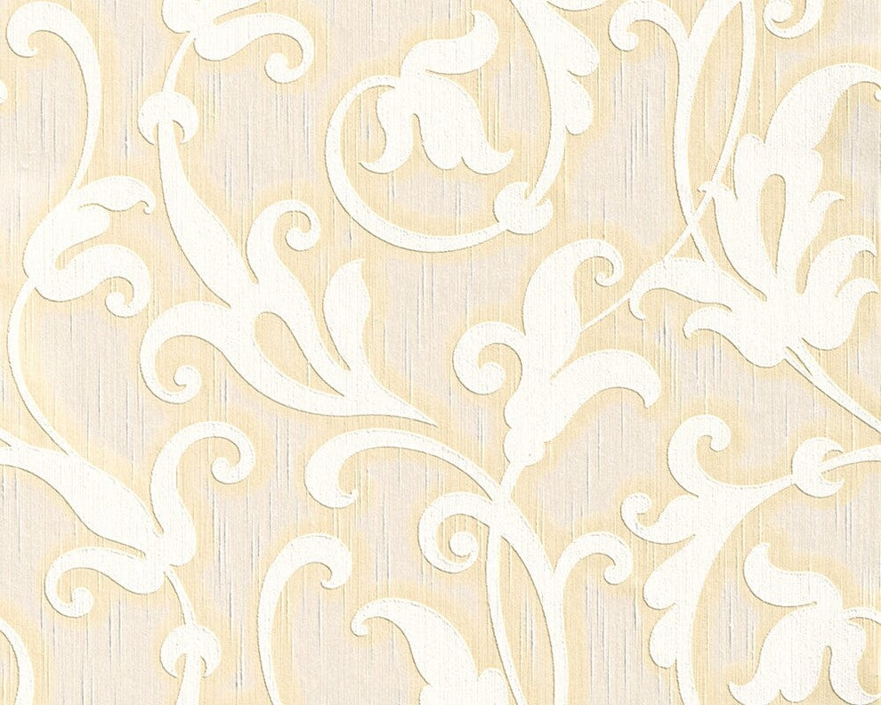 Tessuto, Baroque Fabric Cream Wallpaper Roll, Wall Decor Accent