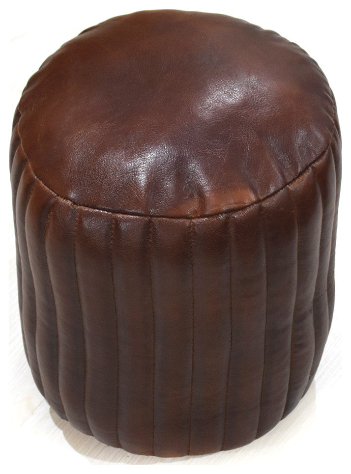 Poufs-Solid Handmade Goat Leather Pouf, Recycled Cotton Fill, Brown, 18x18x18 Round