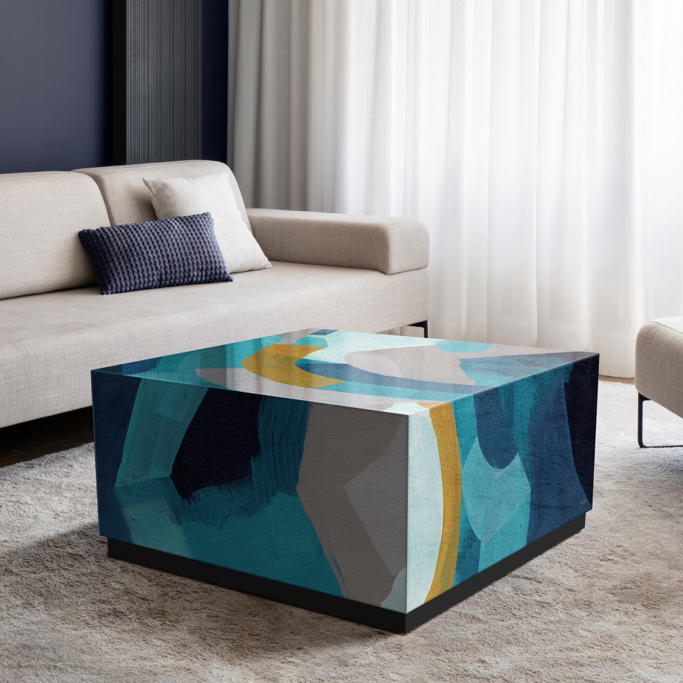 "Puzzle Blues" Reverse Printed Glass Side Table with Black Plinth Base Set of 2