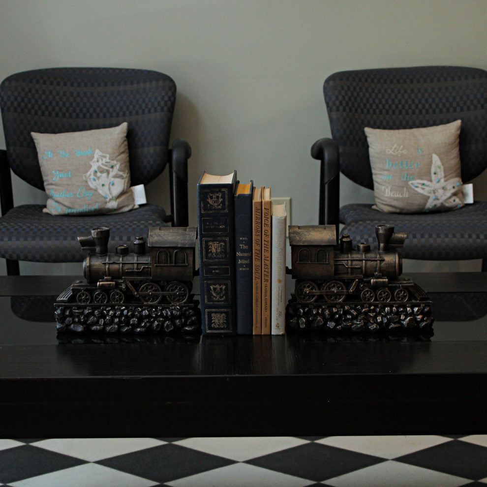 Set of 2 Bronze Steam Locomotive Bookends Decorative Resin Train Shelf Decor Ar