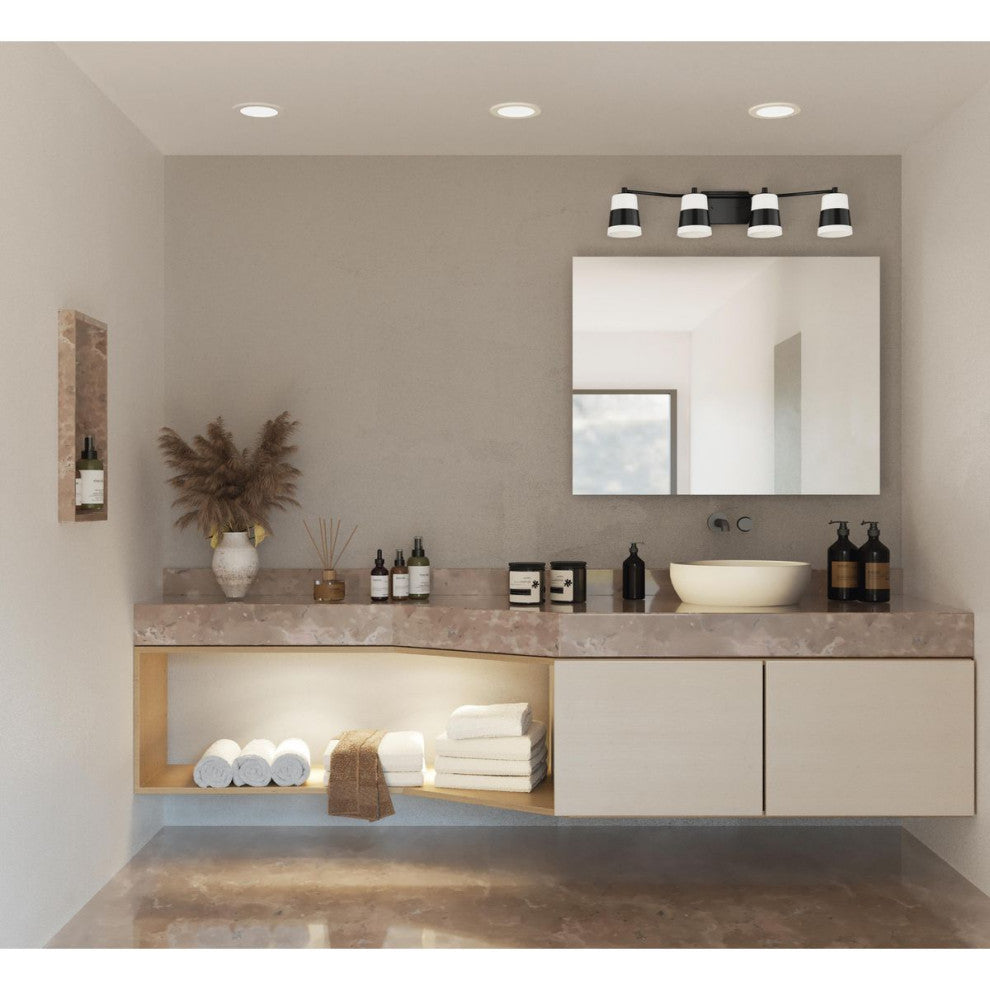 Haven Collection Four-Light Matte Black Opal Glass Luxe Industrial Bath Light