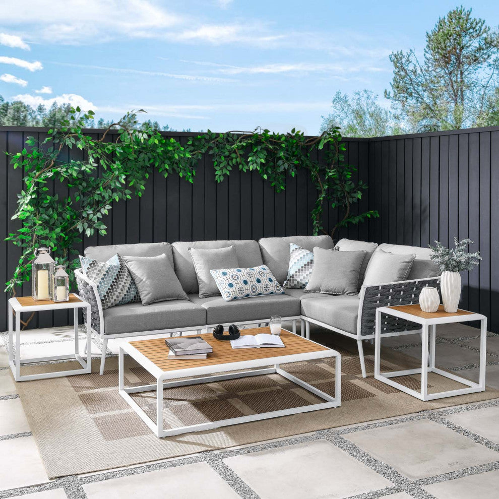 Sectional Sofa Table Set, White Gray, Aluminum, Modern, Outdoor Patio