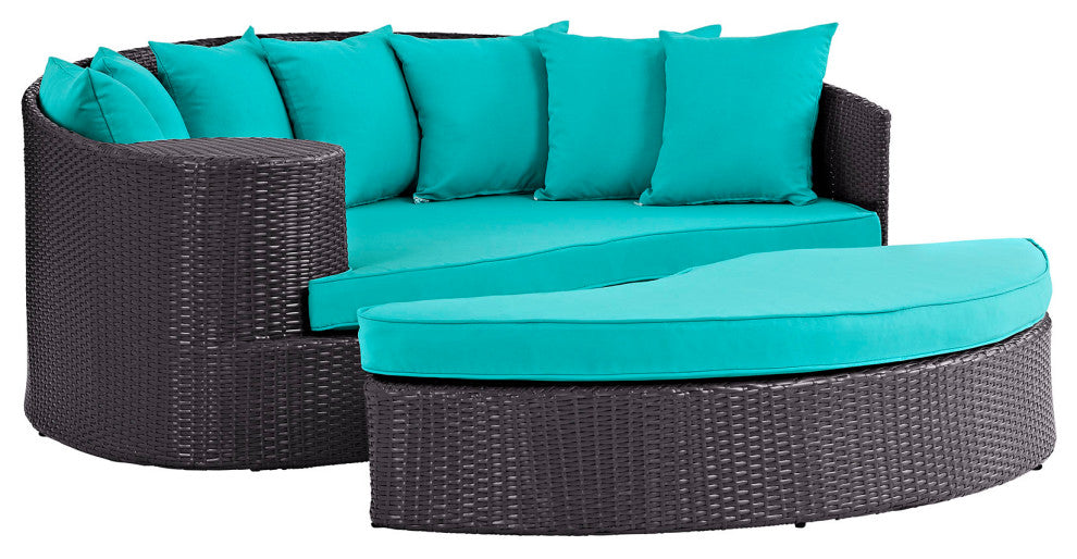 Convene Outdoor Wicker Rattan Daybed, Espresso Turquoise