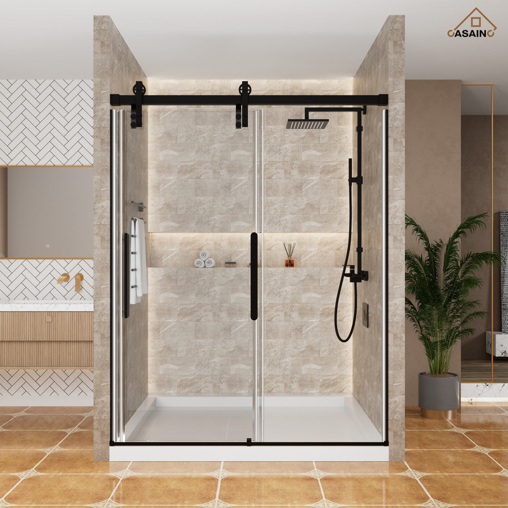 59-in to 60-in x 76-in Frameless Sliding Shower Door, Matte Black