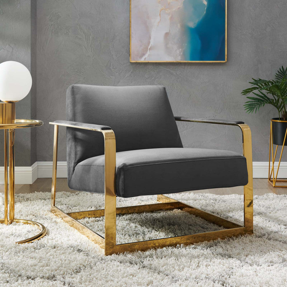 Accent Chair, Velvet, Metal, Gold Gray, Modern, Living Lounge Hospitality