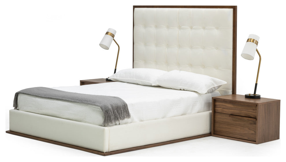 Modrest Amberlie White Vegan Leather and Walnut Bed, Queen