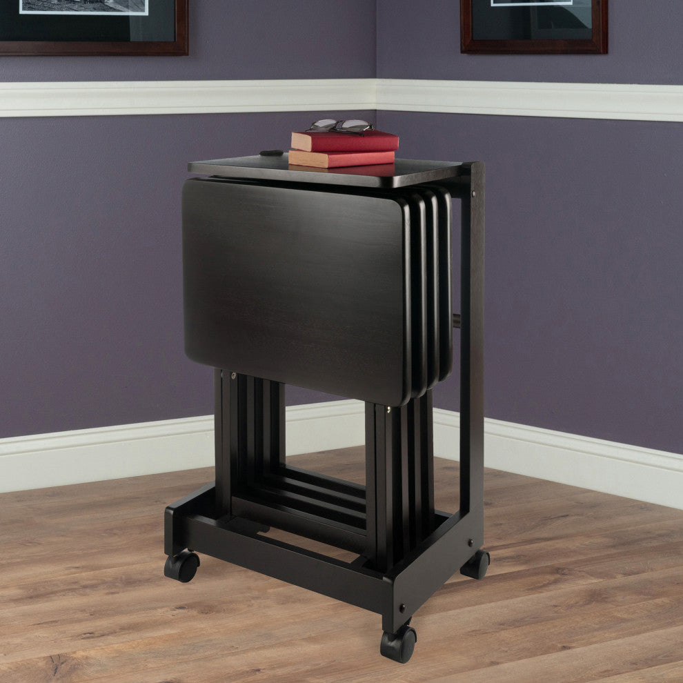 Brienda 5-Pc Snack Table Set with Flip Top Mobile Stand, Coffee