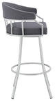 Valerie Swivel Brown Faux Leather and Java Brown Metal Bar Stool, Gray/Silver, Bar Height