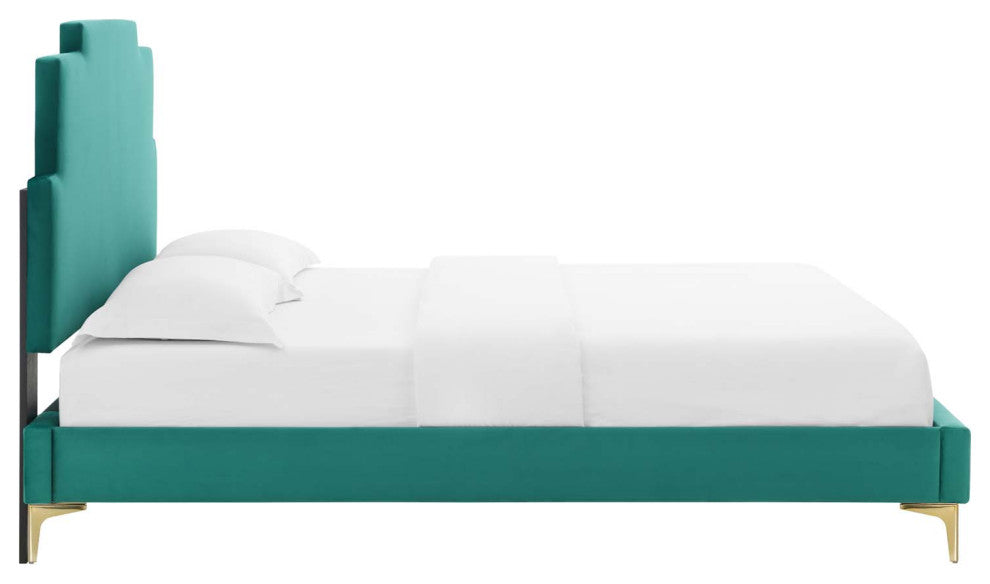 Platform Bed Frame, Queen Size, Velvet, Teal Blue, Modern Contemporary, Bedroom
