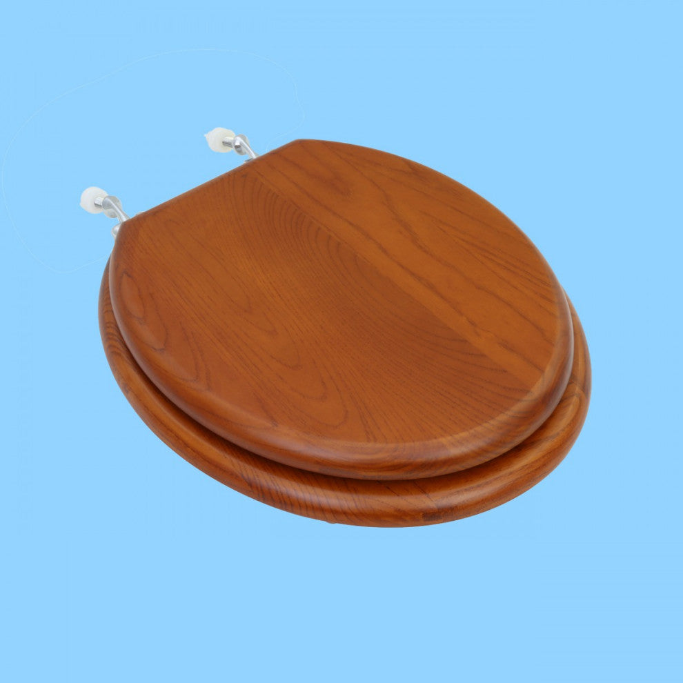 Solid Wood Toilet Seat Round Light Mahogany Finish Stained Chrome Hinge
