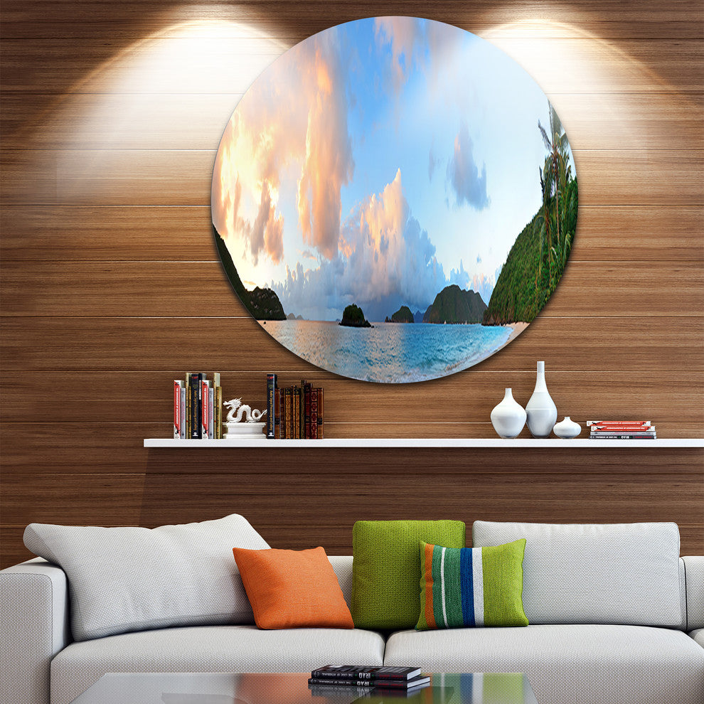 Beach Sunset With Clouds, Landscape Photo Round Metal Wall Art, 23"