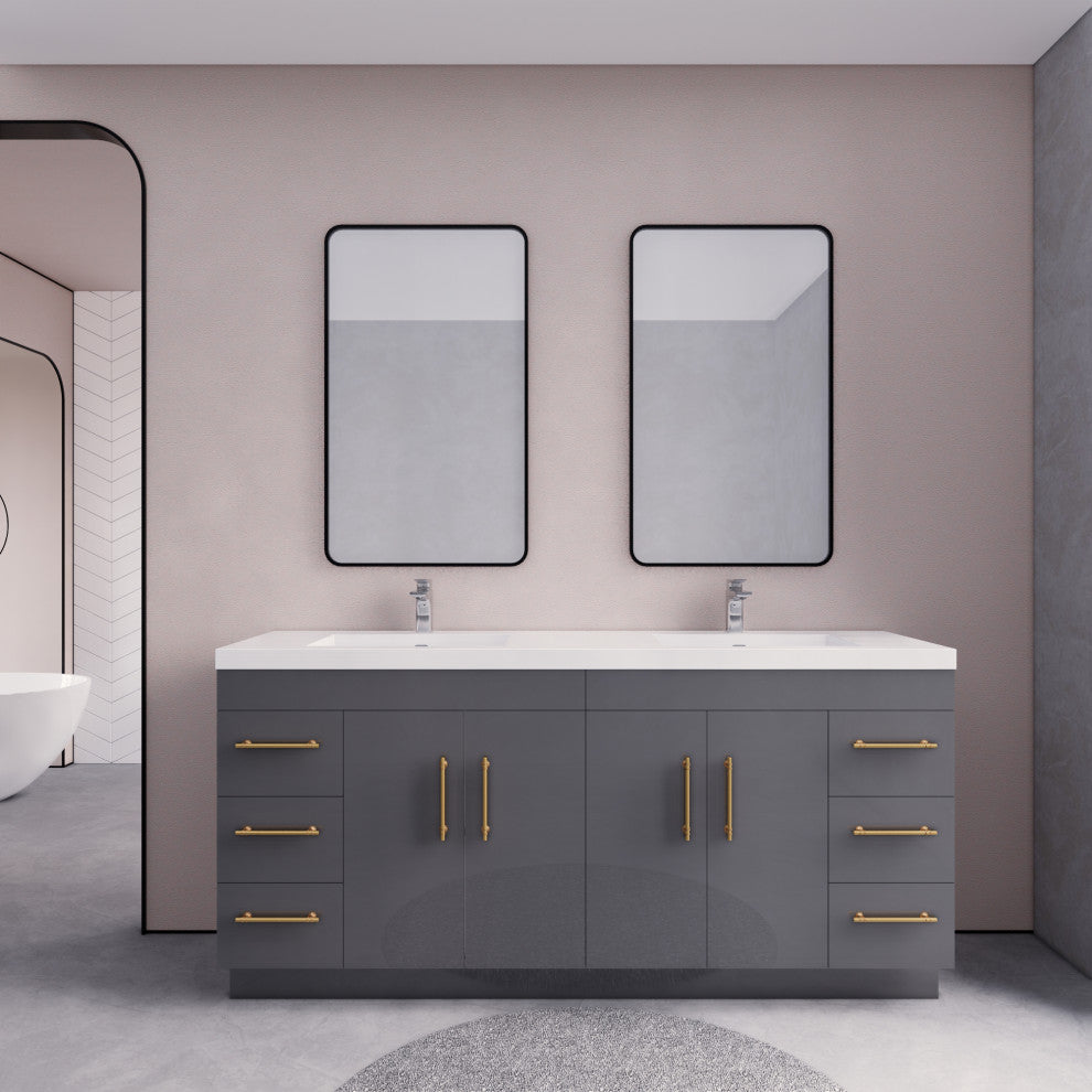 Rosa 72" Free Standing Modern Vanity, High Gloss Gray, Glossy White Top