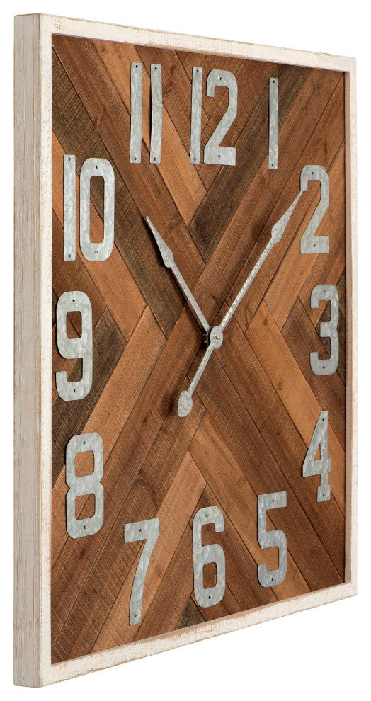 Rustic Farmhouse Wall Clock, Square Design With Stained Wooden Background