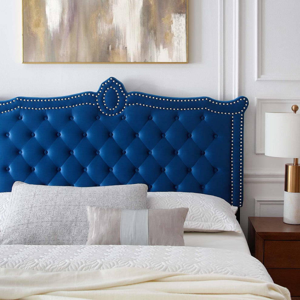 Platform Bed Frame, Nailhead, Queen Size, Blue Navy, Velvet, Modern