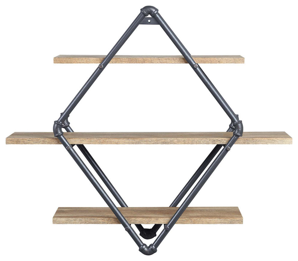 3 Tier Oak Wood Rhombic Floating Shelf With Metal Tube, Sandy Black