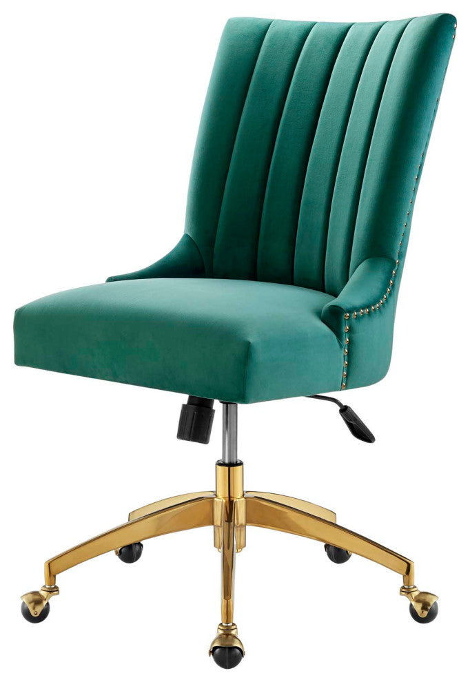 Computer Work Desk Tufted Chair, Velvet, Gold Teal Blue, Home Business Office
