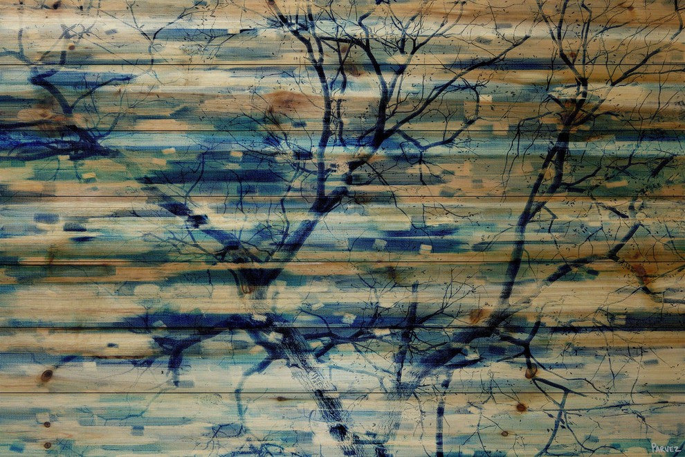 "Trees in Blue" Print on Natural Pine Wood, 60"x40"