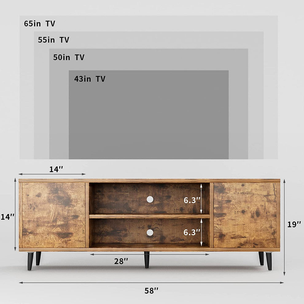 Mid-Century Modern TV Stand with Storage Cabinet and Open Shelves