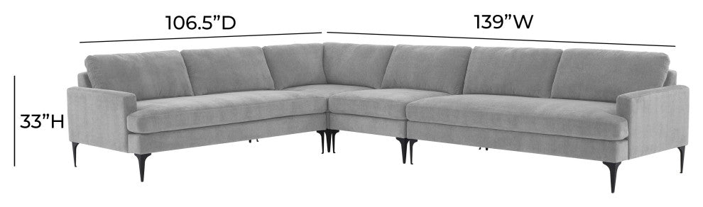 Serena Gray Velvet Large L-Sectional With Black Legs