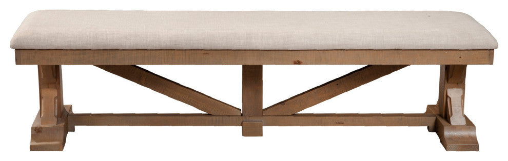 Benzara BM283851 69" Dining Accent Bench Beige Fabric Cushion, Pine Wood, Brown