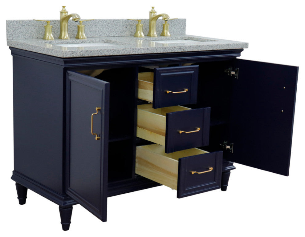 49" Double Vanity, Blue Finish With Gray Granite And Rectangle Sink