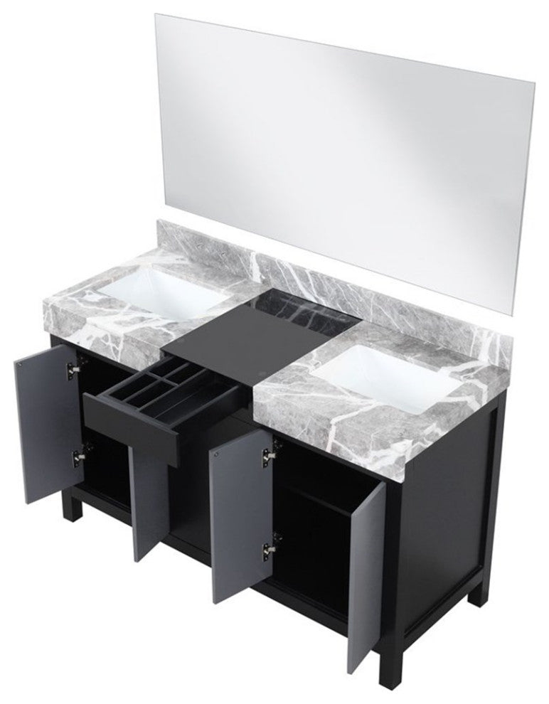 Lexora Home Zilara 55" Double Marble Top Bathroom Vanity with Mirror in Black
