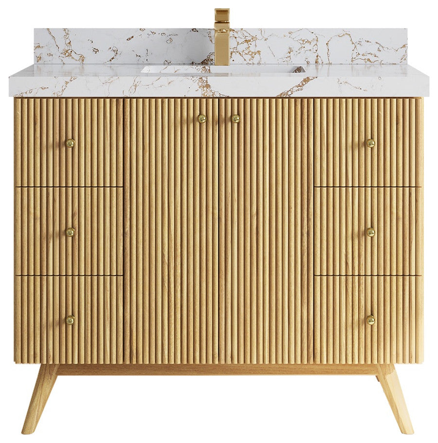 Pasadena 42 Single Sink Bath Vanity in Light Natural Teak 2" Viola Gold