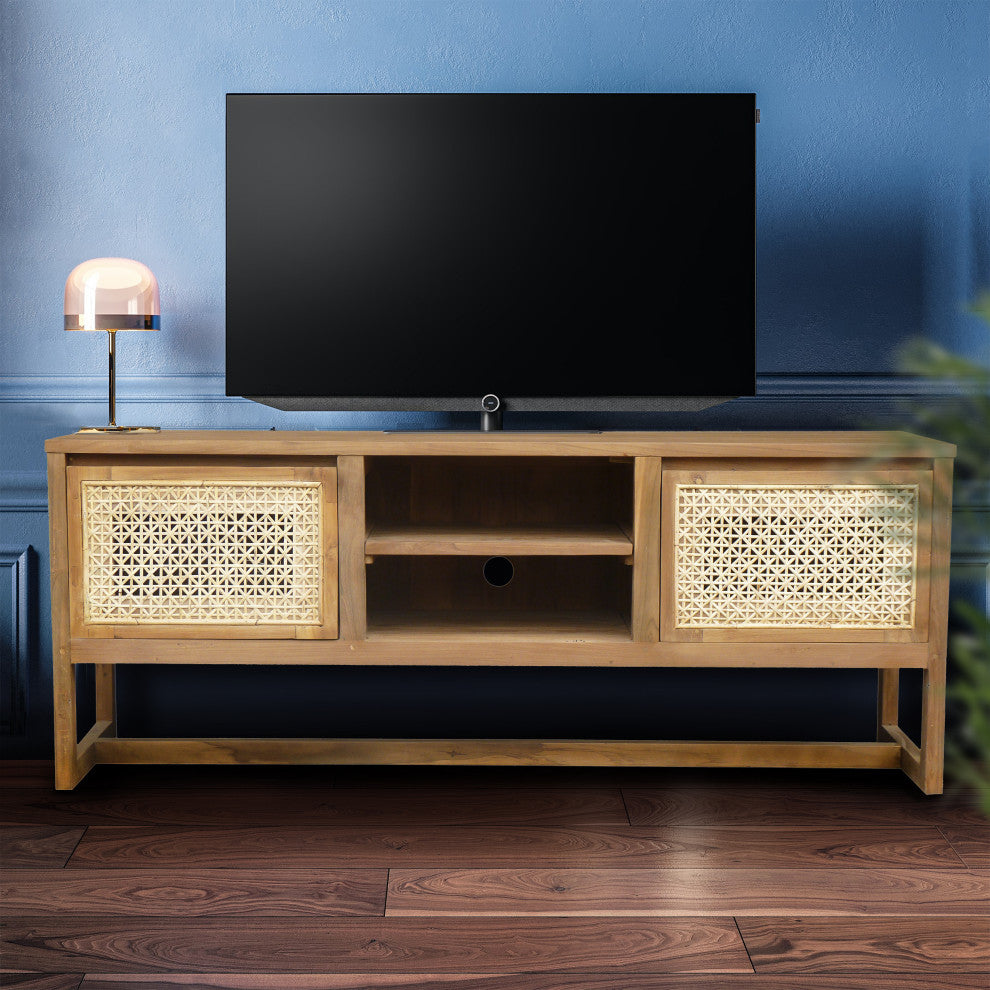Recycled Teak Wood West Indies Cane Media Center With 2 Doors