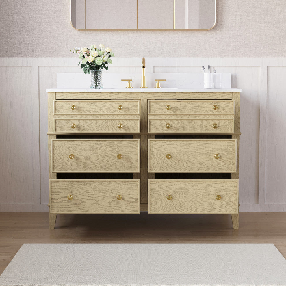Oak Solid Wood Bath Vanity with White Quartz Top, Soft-Close, CUPC Certified, 48"