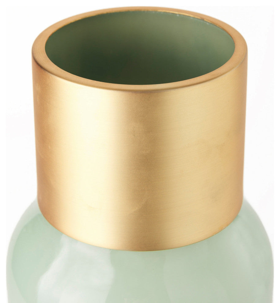 Minty Green Glass With Gold Metal Top Vase, 17"