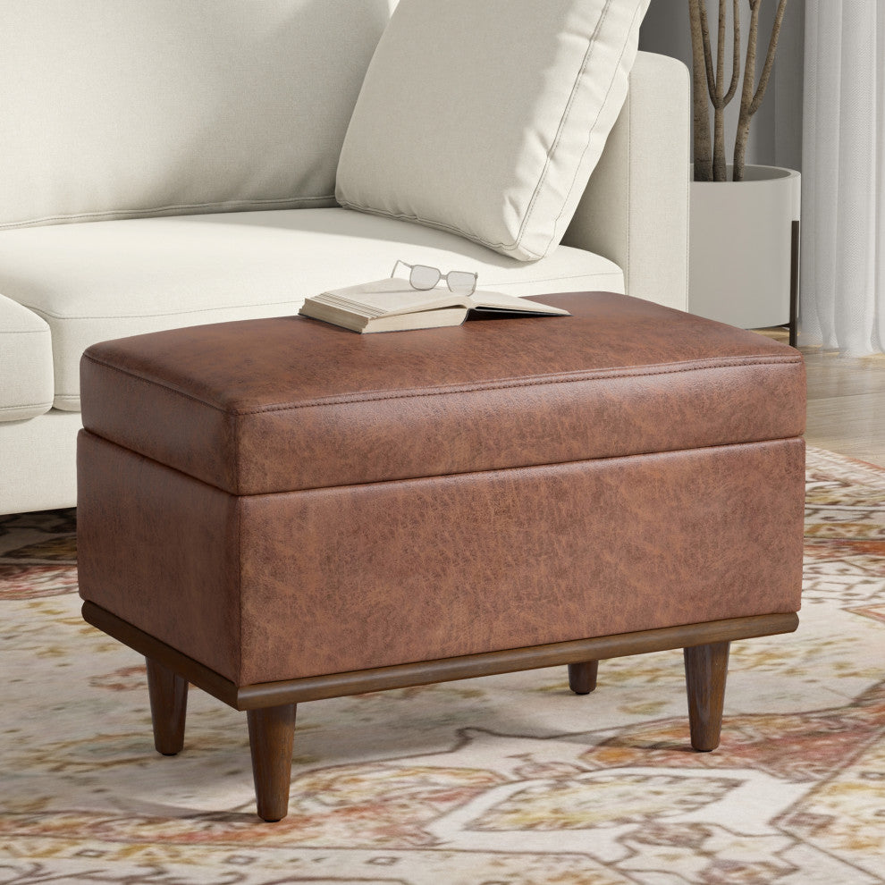 Shiloh Small Storage Ottoman, Distressed Saddle Brown Vegan Faux Leather