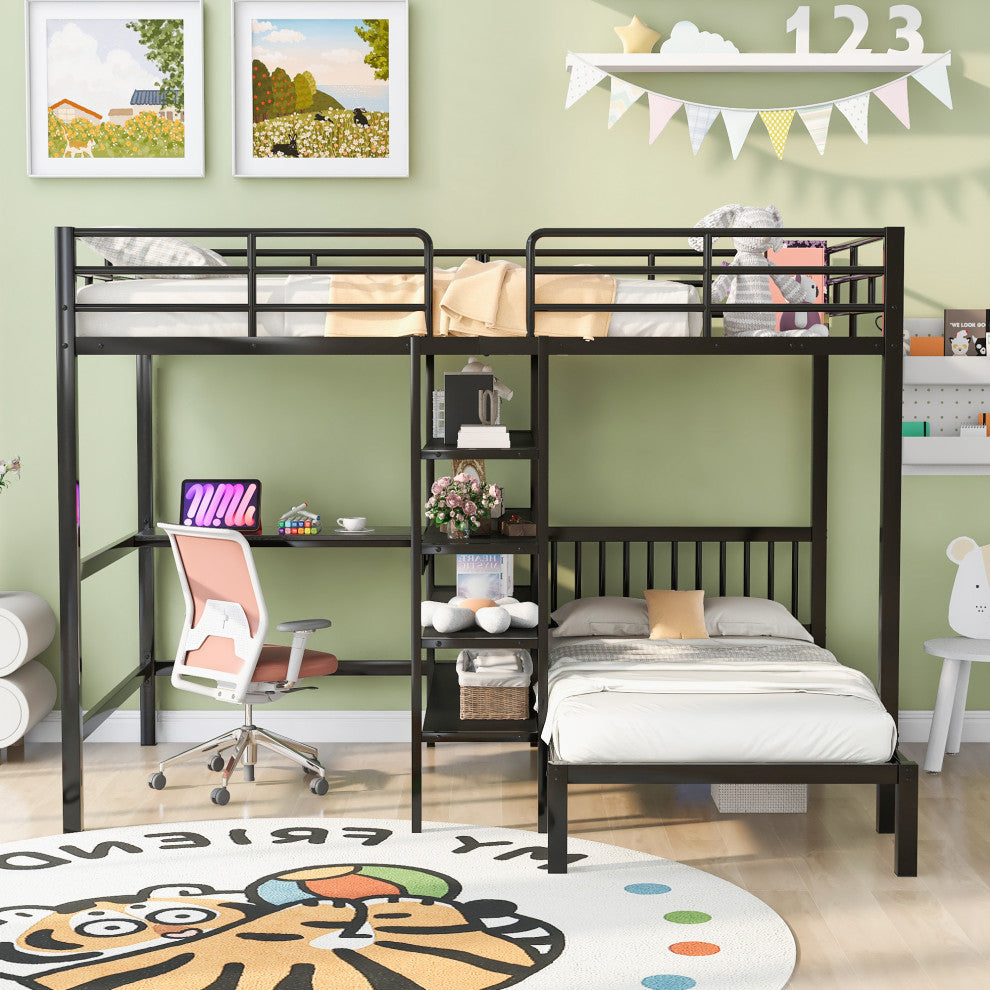 Gewnee Full Over Twin Metal Bunk Bed with Desk and Shelves in Black