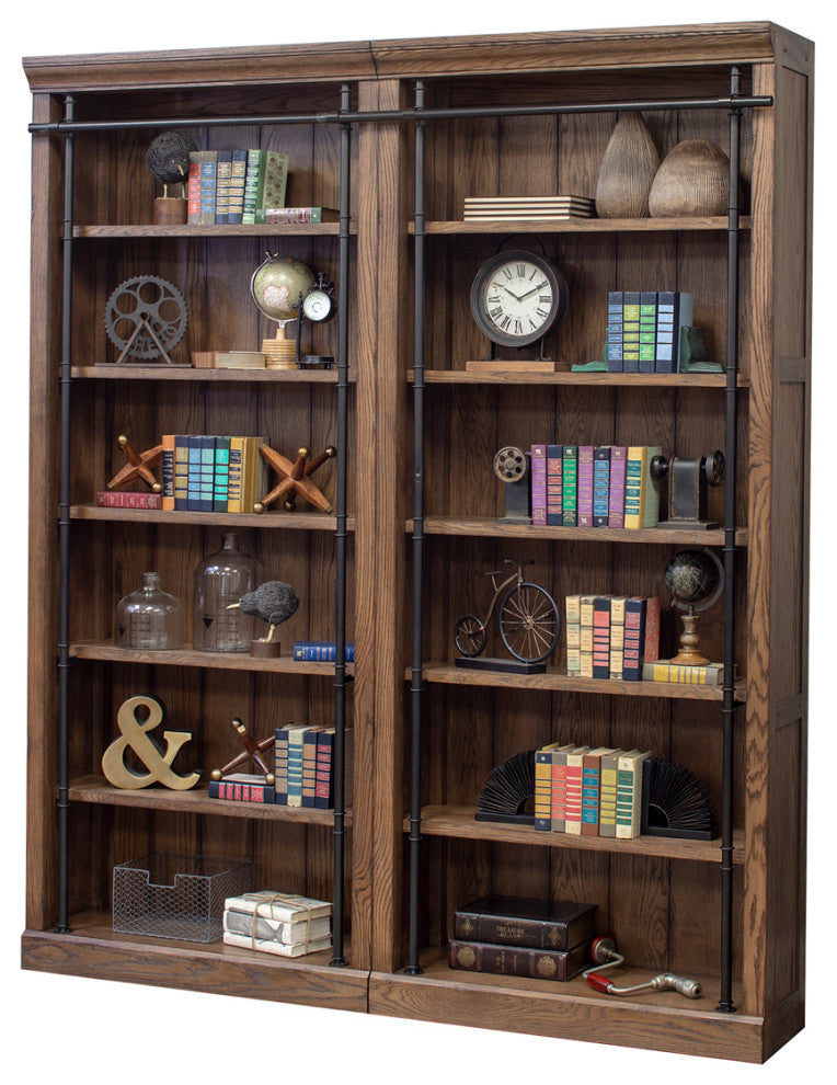 8' Tall Bookcase Wall With Ladder, Storage Organizer, Brown
