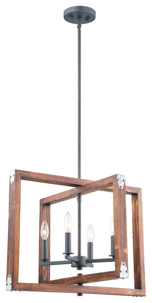 Rustic Wood In Burnt Brown Color 4-Light Pendant, No Bulbs