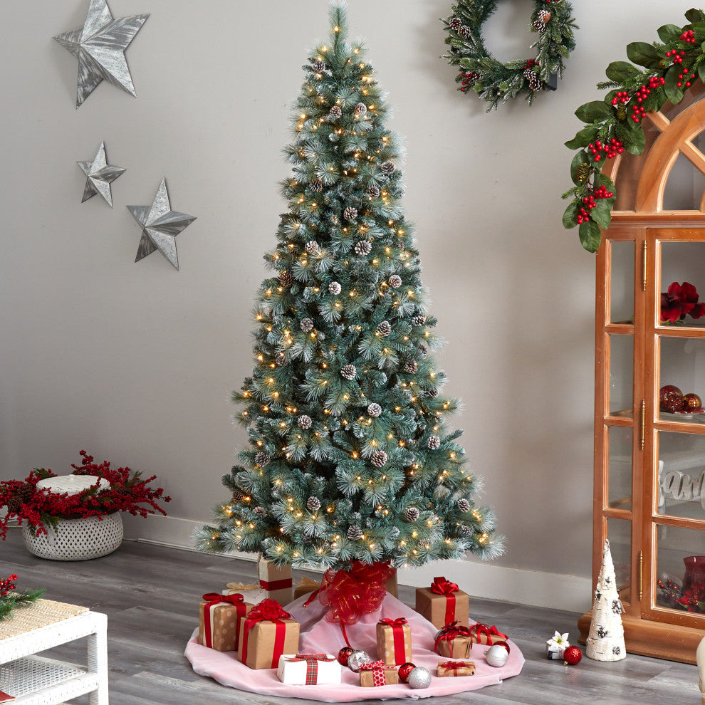 8' Frosted Tip British Columbia Mountain Pine Faux Xmas Tree W/Lights & Pinecone