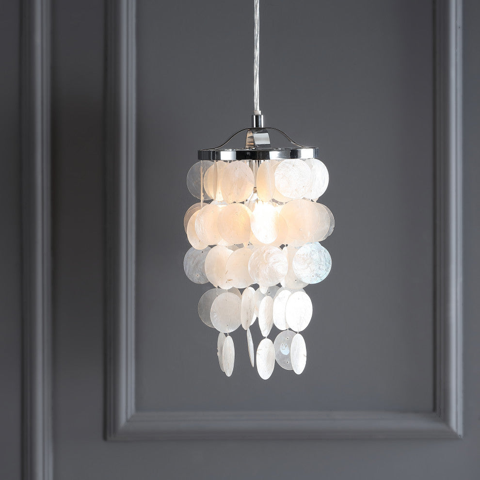 Cayla 7" Seashell Chandelier Pendant, White and Chrome