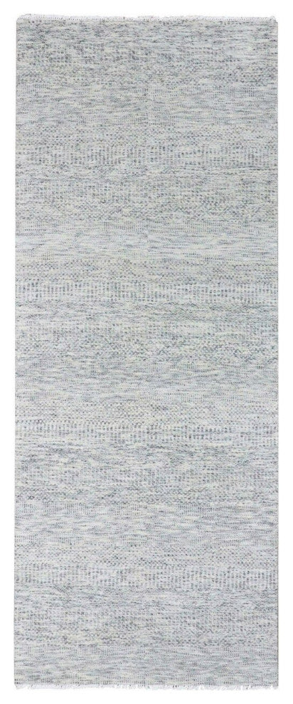 Silver Gray 100% Undyed Wool Grass Design Hand Knotted Wide Runner Rug 4'x10'1"