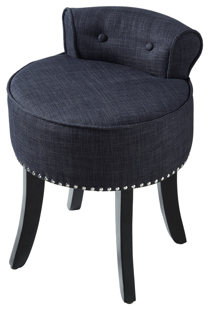 Ludovic Linen Contemporary Nailhead Trim Rolled Back Vanity Stool, Dark Grey