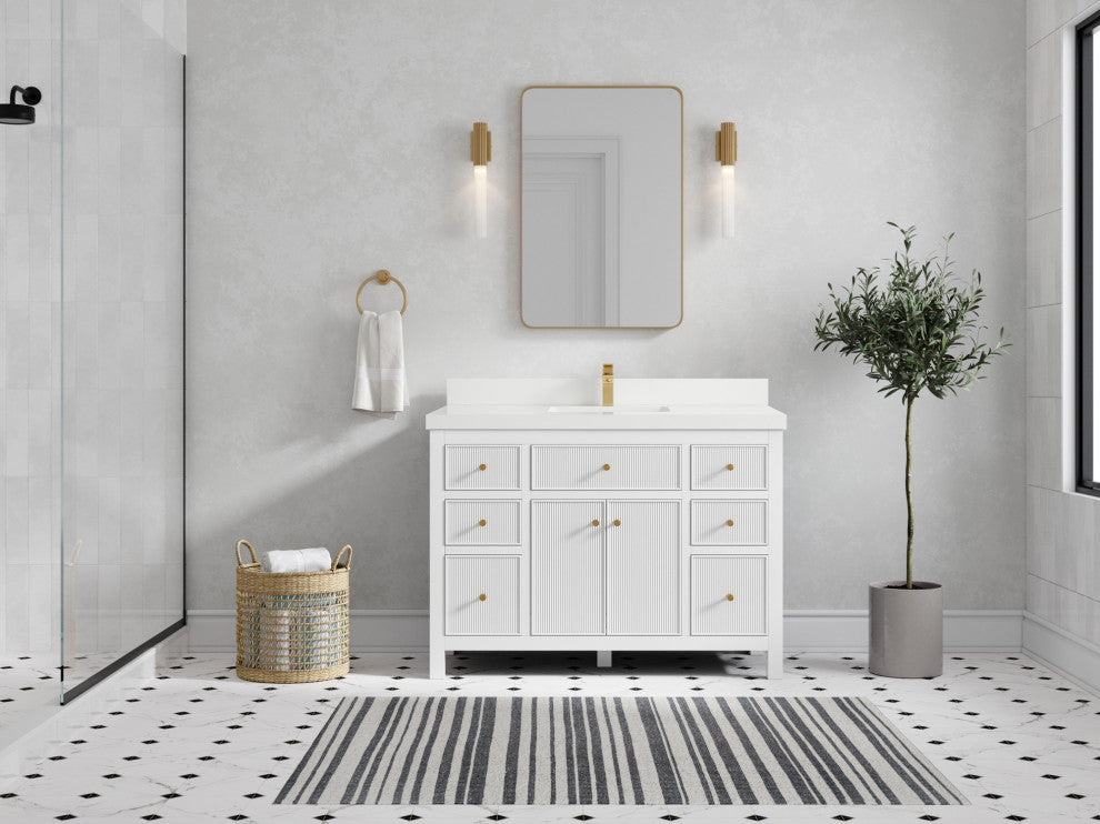 Sonoma 48 Single Sink Reeded Bath Vanity in White 2" White Quartz
