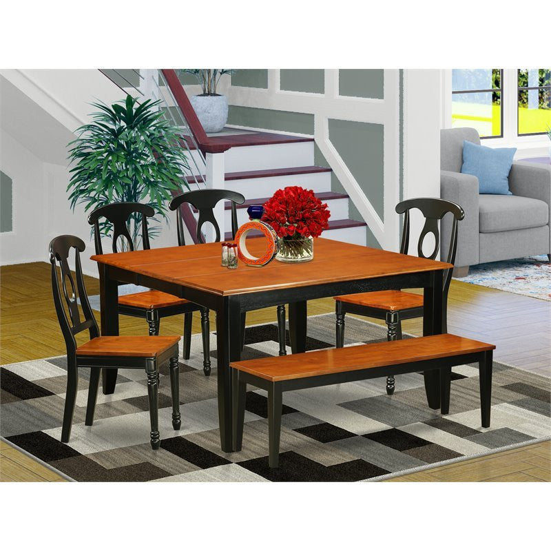 Cassidy Dining Table Set With Bench, Black and Cherry, 6 Pieces, Wood