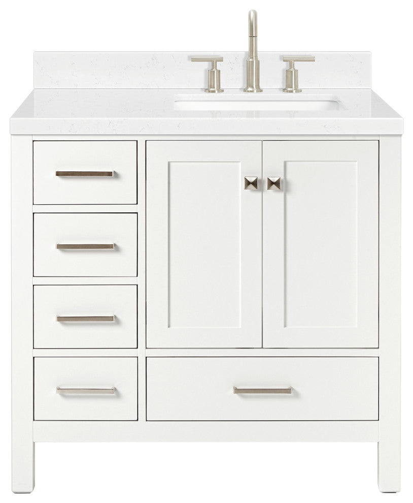 Ariel Cambridge 36" Right  Single Rectangle Sink Vanity, Carrara Quartz, White