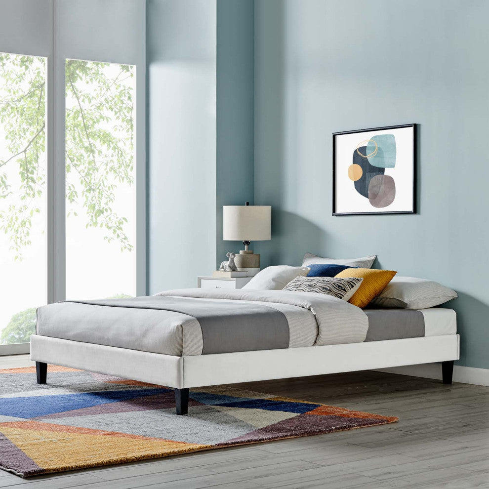 Platform Bed Frame, Twin Size, Velvet, Light Grey Gray, Modern Contemporary