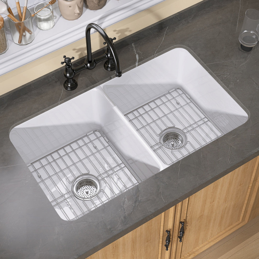 32"Lx19"W Drop-In Double Bowl Farmhouse Fireclay Kitchen Sink With Accessories