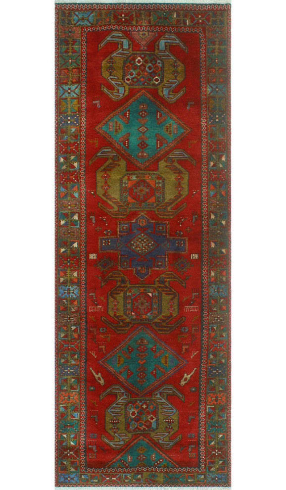 Fine Vintage Distressed Carolina Red/Navy Runner, 3'10x10'10