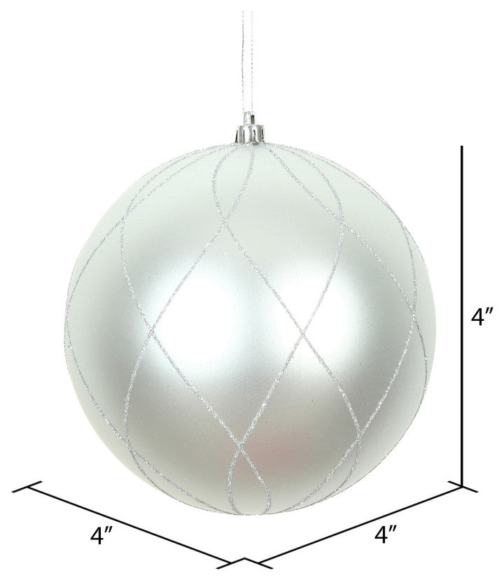 Vickerman N170607D 4" Silver Matte And Glitter Swirl Ball Ornament, 4 Per Box