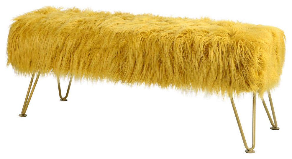 Mongolian Faux Fur Upholstered Ottoman Bench, Lemon Curry, 46x16x22
